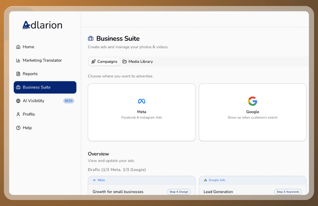 Adlarion Campaign Creator — 5-step guided setup